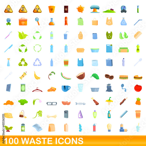 100 waste icons set. Cartoon illustration of 100 waste icons vector set isolated on white background