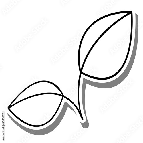 Black line cartoon simple two leaves on white silhouette and gray shadow. Icon Emoji for decoration or any design. Vector illustration of nature.