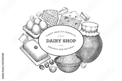 Farm food design template. Hand drawn vector dairy illustration. Engraved style different milk products and eggs banner. Retro food background.