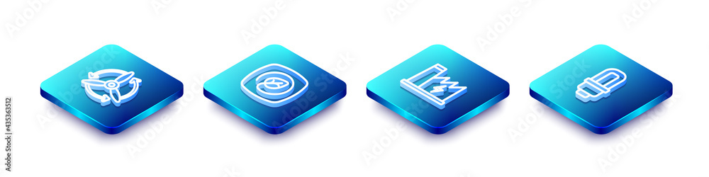 Set Isometric line Wind turbine, Location with leaf, Nuclear power plant and LED light bulb icon. Vector Set Isometric line Wind turbine, Location with leaf, Nuclear power plant and LED light bulb icon. Vector