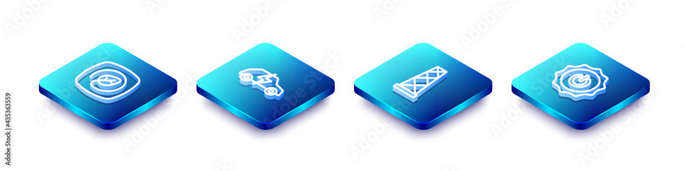 Set Isometric line Location with leaf, Electric car, Antenna and Power button icon. Vector Set Isometric line Location with leaf, Electric car, Antenna and Power button icon. Vector