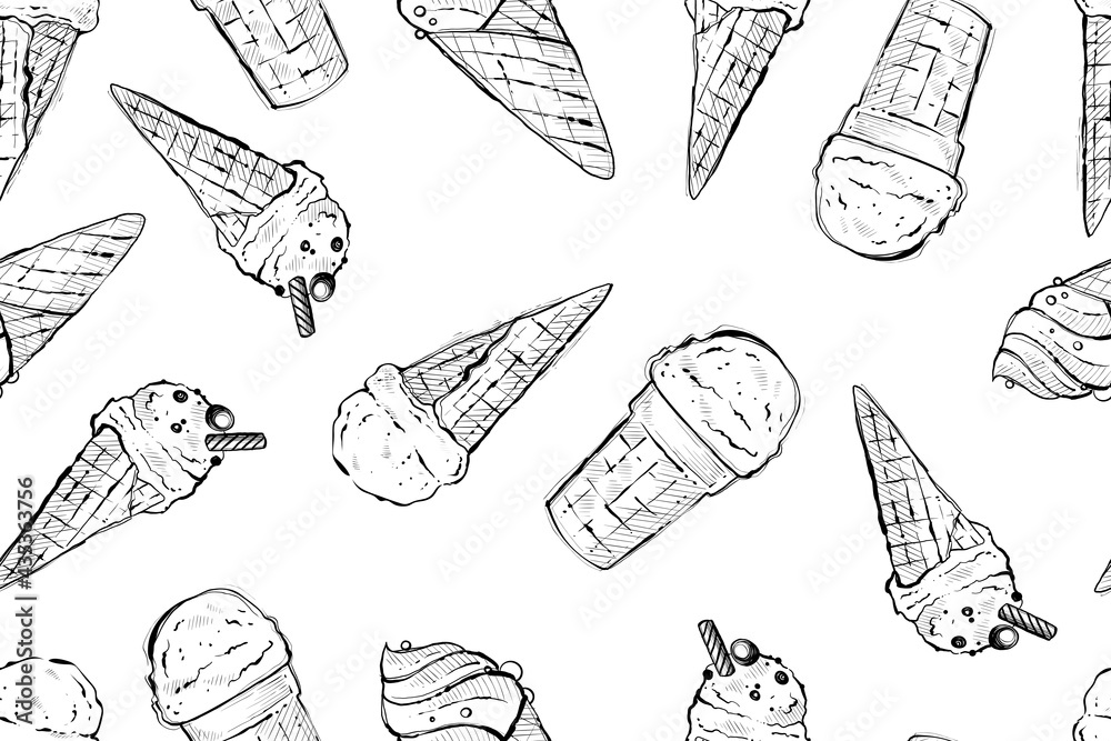 Obraz premium Seamless pattern of ice cream cones, monochrome vector