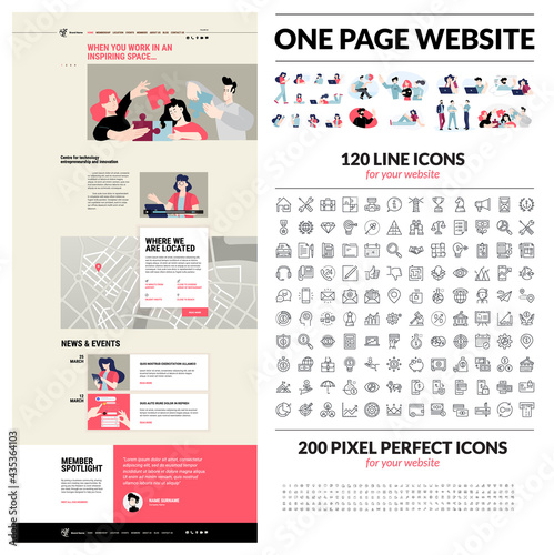 One page website design template. Set of vector illustrations and icons for web design and development. A complete solution for creating a web design.