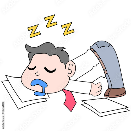 workers are tired and fall asleep on paper work deadlines, doodle icon image kawaii