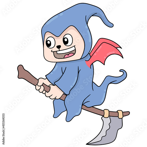 a witch cat is flying riding a magic broomstick, doodle icon image kawaii