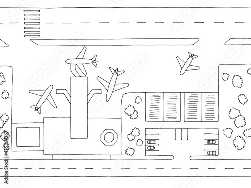 Airport top aerial view graphic black white plan sketch illustration vector