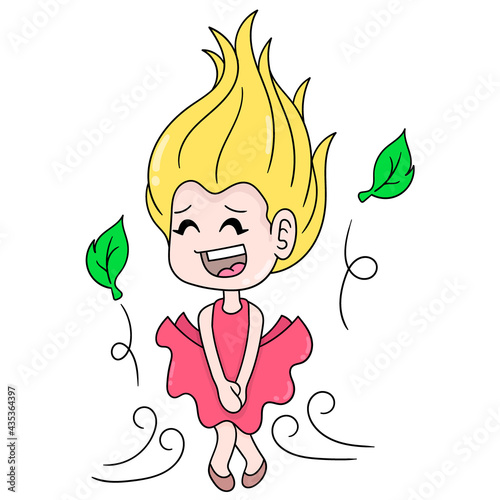 beautiful blonde girl wearing a skirt blown by the wind, doodle icon image kawaii