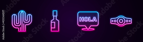 Set line Cactus, Tabasco sauce, Hola and Wrestling championship belt. Glowing neon icon. Vector