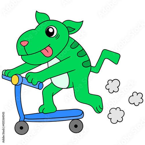 cute creature is playing with happy faced thrust scooter, doodle icon image kawaii