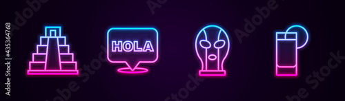 Set line Chichen Itza in Mayan, Hola, Mexican wrestler and Tequila glass with lemon. Glowing neon icon. Vector