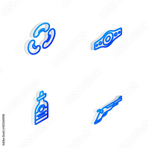 Set Isometric line Wrestling championship belt  Beans  Tequila bottle and Vintage pistols icon. Vector