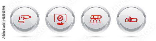 Set line Electric sander, Circular saw blade, Paint spray gun and Chainsaw. Silver circle button. Vector