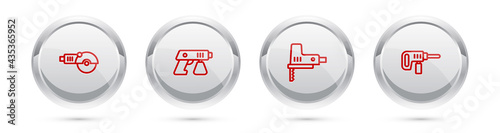 Set line Angle grinder, Paint spray gun, Electric jigsaw and drill machine. Silver circle button. Vector