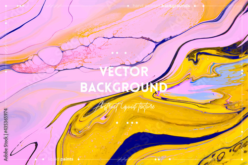 Fluid art texture. Backdrop with abstract mixing paint effect. Liquid acrylic artwork that flows and splashes. Mixed paints for interior poster. Yellow, blue and pink overflowing colors.