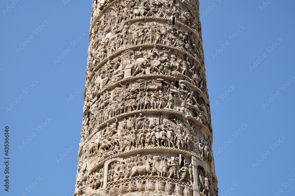 closeup of the Column of Marcus Aurelius in Rome Piazza Colonna Place