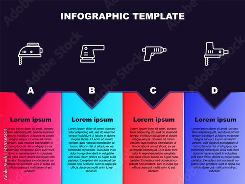 Set line Electric jigsaw, sander, cordless screwdriver and . Business infographic template. Vector