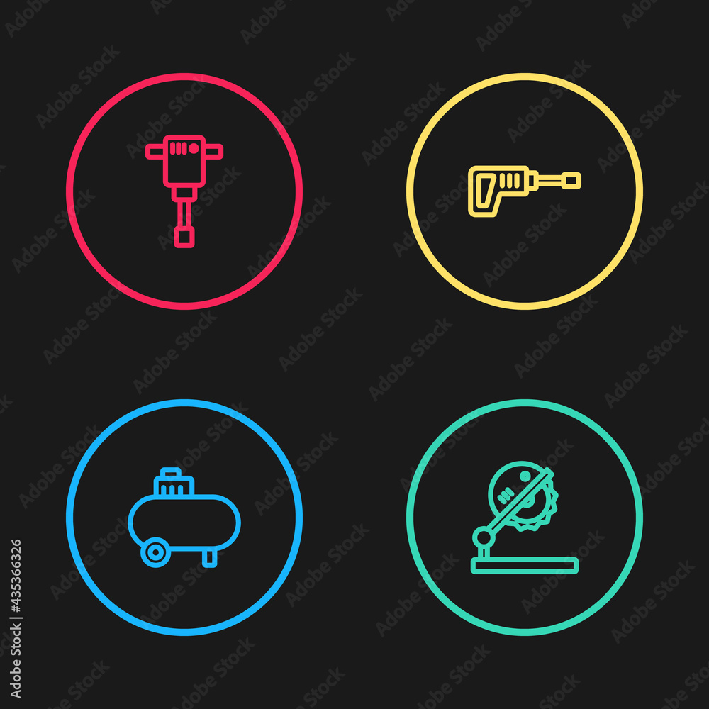 Set line Air compressor, Table saw for woodwork, Rotary hammer drill machine and Construction jackhammer icon. Vector Set line Air compressor, Table saw for woodwork, Rotary hammer drill machine and Construction jackhammer icon. Vector