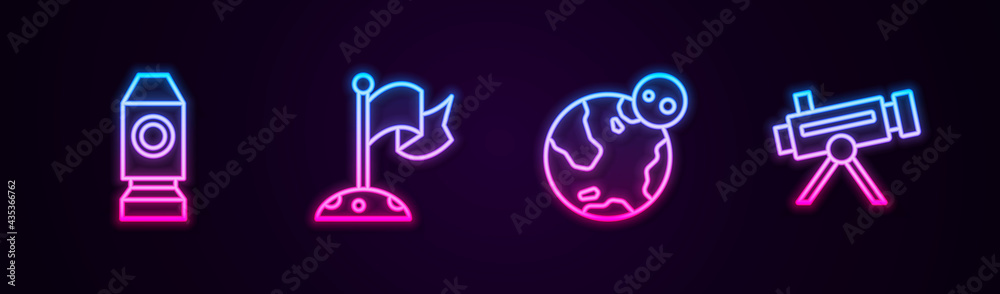 Set line Rocket ship, Moon with flag, Earth globe and Telescope. Glowing neon icon. Vector Set line Rocket ship, Moon with flag, Earth globe and Telescope. Glowing neon icon. Vector
