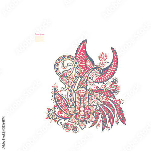 Paisley vector isolated pattern with Flying Bird. Damask style Vintage illustration