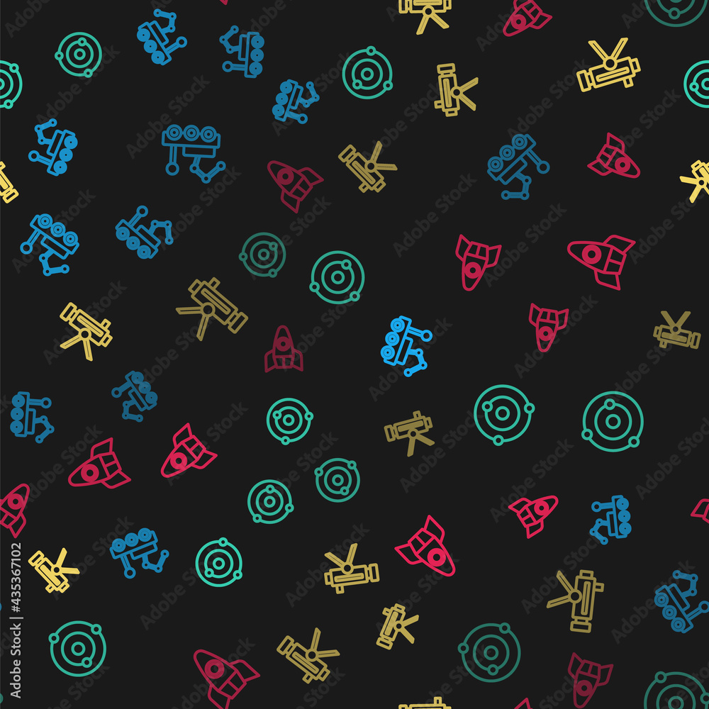 Set line Mars rover, Solar system, Telescope and Rocket ship on seamless pattern. Vector