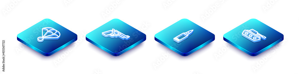 Set Isometric line Parachute, Pistol or gun, Bullet and Military tank icon. Vector Set Isometric line Parachute, Pistol or gun, Bullet and Military tank icon. Vector