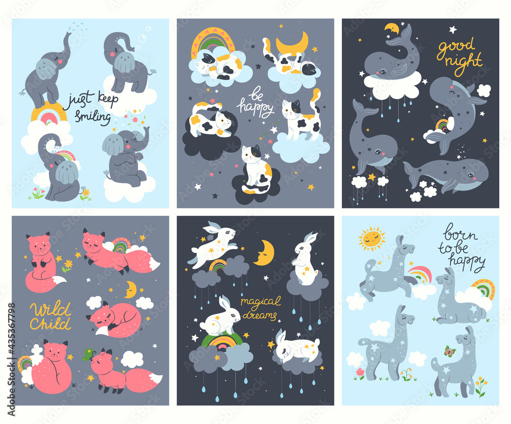 A set of posters for the nursery with cute animals. Vector graphics ...