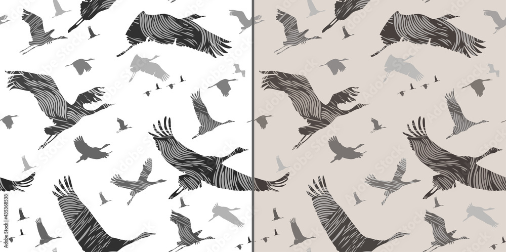 Two seamless patterns with stylized flying cranes. Vector illustration Two seamless patterns with stylized flying cranes. Vector illustration