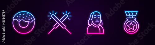 Set line Donut, Sparkler firework, Benjamin Franklin and Medal with star. Glowing neon icon. Vector