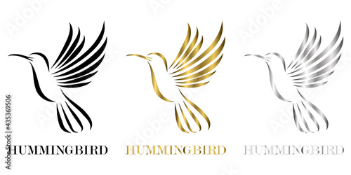 three color black gold silver line art Vector illustration on a white background of flying hummingbird Suitable for making logos