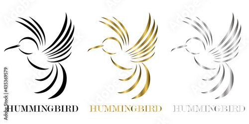 three color black gold silver line art Vector illustration on a white background of flying hummingbirds Suitable for making logos