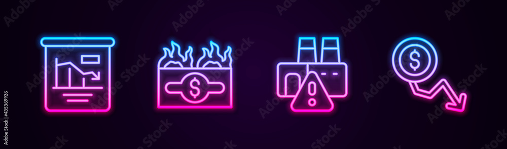 Set line Pie chart infographic, Burning dollar bill, Shutdown of factory and Dollar rate decrease. Glowing neon icon. Vector Set line Pie chart infographic, Burning dollar bill, Shutdown of factory and Dollar rate decrease. Glowing neon icon. Vector