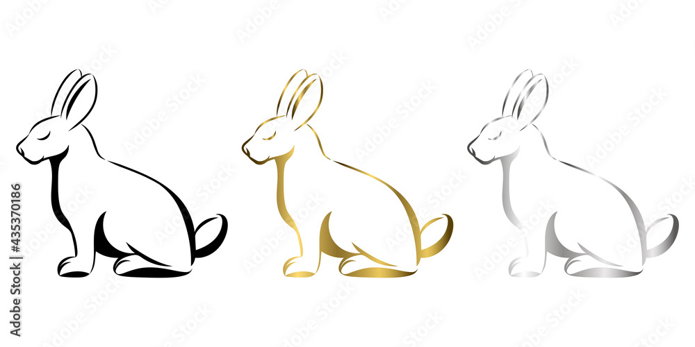 Vector Line Art Illustration of a rabbit. It is sitting there art three color black gold and silver