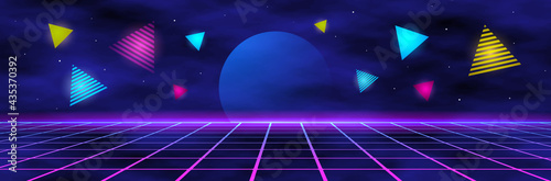 planet and geometric triangles on the background of the landscape laser grid in space.