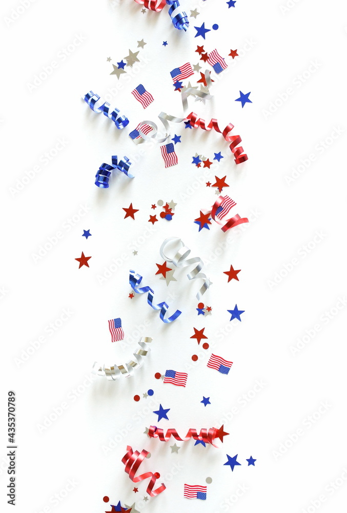 4th of July USA Independence Day confetti decorations american flag colors top view isolated. Copy space. Celebration memorial day in America.
