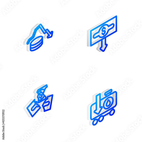 Set Isometric line Dollar rate decrease    Tearing money banknote and Drop crude oil price icon. Vector