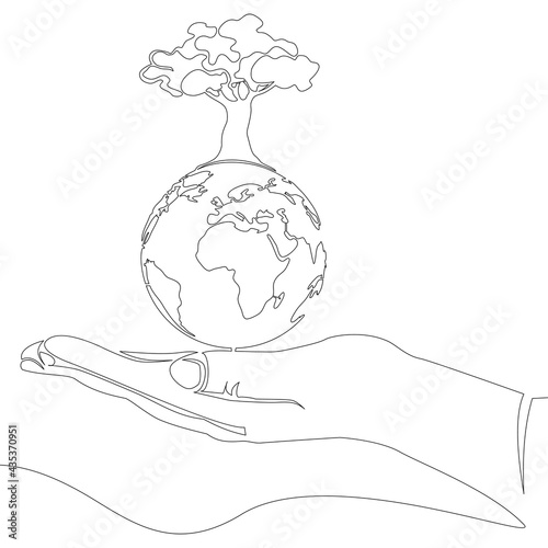 Continuous line hand holding earth with tree
