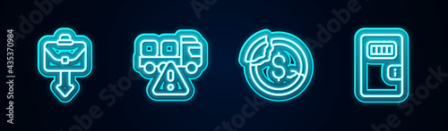 Set line Briefcase, Stop delivery cargo truck, Dollar rate decrease and Prison cell door. Glowing neon icon. Vector