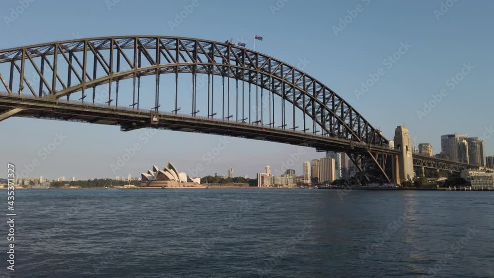 Sydney Harbour Bridge And Opera House At Sunset In Sydney, Australia - wide shot Sydney Harbour Bridge And Opera House At Sunset In Sydney, Australia - wide shot