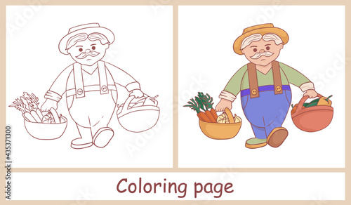 Cute farmer character. Grandpa with two baskets of crops. Harvesting vegetables. Line art. Coloring for children and color drawing for example. Vector illustration on white background