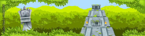 Maya pyramid jungle vector background, ancient Aztec temple ruin, tropical rainforest silhouette, totem. Old civilization travel illustration, Mexico landmark banner. Maya pyramid, green bushes, palms