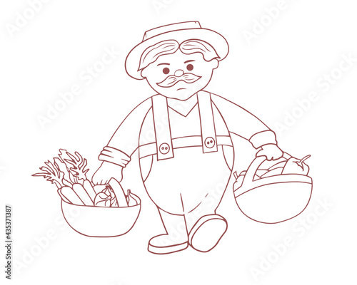 Cute farmer character. Grandpa with two baskets of crops. Harvesting vegetables. Line art. Coloring for children. Vector illustration on white background