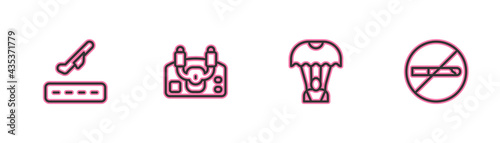 Set line Plane takeoff, Parachute, Aircraft steering helm and No Smoking icon. Vector
