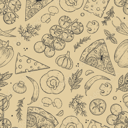 Seamless pattern pizza with cheese, tomato, garlic, basil, olive, pepper, mushroom.