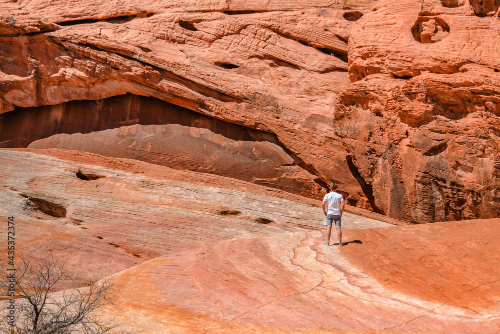A young man stands on a high rock in the Valley of Fire National Park, Nevada