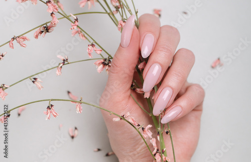 Beautiful female manicure and flowers close-up photo
