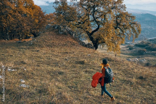 woman hiker in autumn clothes next to a dog walks on nature mountains