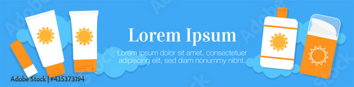Different sunblock cosmetic products packaging web banner. Ultraviolet protective spf sunscreen bottles on cloudy summer sky. Summer beach travel, safety sunbathing, skin care web banner. Flat vector.