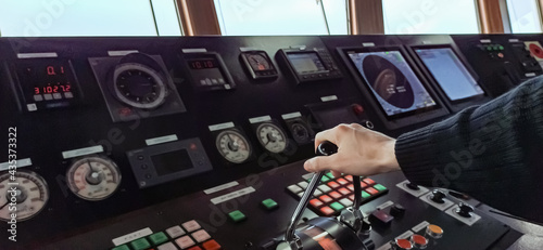 Control panel in ship with instruments equipment.