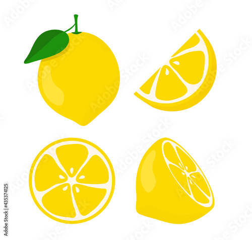 Set of lemons, wedges and halves slices, citrus fruit, flat set