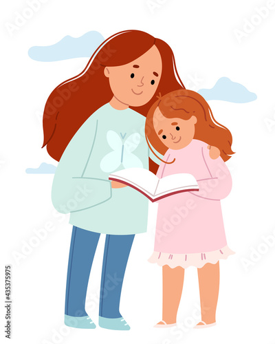 The girl teaches her younger sister to read.Girlfriends reading a book. Cute book illustration.